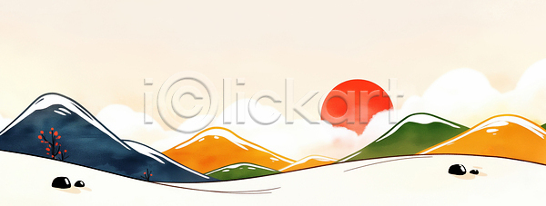 JPG 일러스트 AI일러스트 AI콘텐츠 거리 겨울 국내일러스트 나무 돌(바위) 바닥 뷰티풀 산 새해 설날 시간 일출 자연 조용 컬러 태양 풍경 하늘