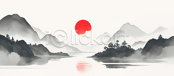 고요 평화 JPG 일러스트 AI일러스트 AI콘텐츠 강 국내일러스트 물 바람 반사 뷰티풀 산 산맥 생명 수묵화 숲 아침 일출 자연 태양 풍경 호수