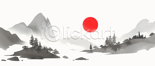 JPG 일러스트 AI일러스트 AI콘텐츠 강 국내일러스트 그림 그림자 나무 모양 물 백그라운드 산 수로 수면 수묵화 숲 식물 암석 일출 자연 태양 풍경