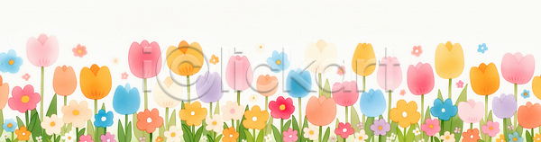 JPG 일러스트 AI일러스트 AI콘텐츠 국내일러스트 꽃 꽃밭 노란색 다양 보라색 봄 분홍색 시골 식물 자연 잔디 주황색 컬러 튤립 파란색 풍경 햇빛 화초