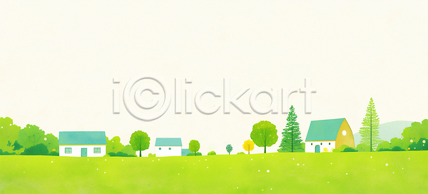 JPG 일러스트 AI일러스트 AI콘텐츠 국내일러스트 나무 마을 봄 여름 자연 주말 주택 초록색 초원 파란색 평야 풍경 환경