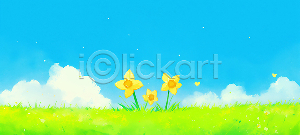 따뜻함 성장 JPG 일러스트 AI일러스트 AI콘텐츠 국내일러스트 꽃밭 미세먼지 봄 새싹 생명 수선화 식물 예술 일상 자연 잔디 초록색 컬러 풍경 하늘 햇빛 환경