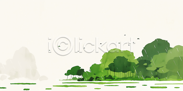 고요 JPG 일러스트 AI일러스트 AI콘텐츠 곡우 국내일러스트 나무 나뭇잎 날씨 땅 물방울 바람 숲 여름 일출 자연 조류 초록색 풍경 하늘 하늘색