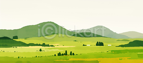JPG 일러스트 AI일러스트 AI콘텐츠 국내일러스트 그림 나무 농장 백그라운드 산 시골 아침 언덕 여행 자연 주간 주택 지역 초록색 초원 춘분 풍경 하늘