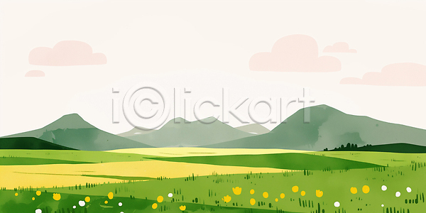 JPG 일러스트 AI일러스트 AI콘텐츠 국내일러스트 꽃 노란색 땅 뷰티풀 산 생태계 식물 여름 자연 지역 초록색 초원 춘분 평지 풍경 하늘 환경