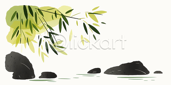 JPG 일러스트 AI일러스트 AI콘텐츠 국내일러스트 그림 대나무 돌(바위) 물 미술 식물 야외 여름 잎 자연 자연물 평면 풍경 환경