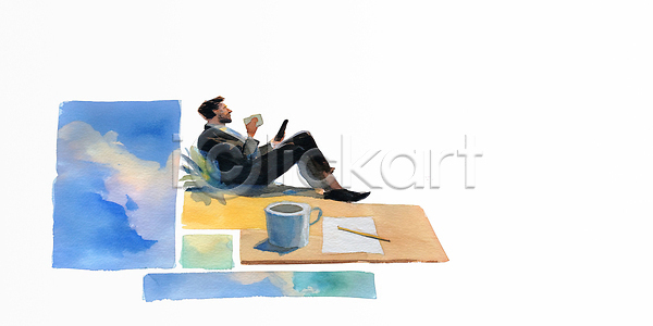 상상 여유 집중 사람 JPG 일러스트 AI일러스트 AI콘텐츠 공간 국내일러스트 그림 내부 모션 바닥 비즈니스 생활 손 수채화 시간 앉기 음료 종이 직장인 탁자 핸드폰