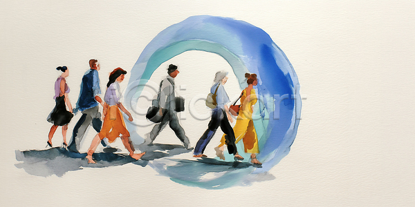 이동 남자 여러명 여자 JPG 일러스트 AI일러스트 AI콘텐츠 가방 거리 걷기 구조물 국내일러스트 그룹 도시 모션 비즈니스 수채화 옷 원형 일상 주간 직장인 파란색 패션