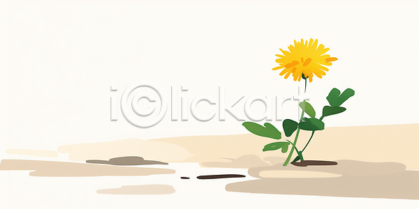 성장 JPG 일러스트 AI일러스트 AI콘텐츠 국내일러스트 꽃 노란색 단순화된 드로잉 땅 봄꽃 뿌리 생명 식물 잎 자연 줄기 컬러 햇빛 환경 흙