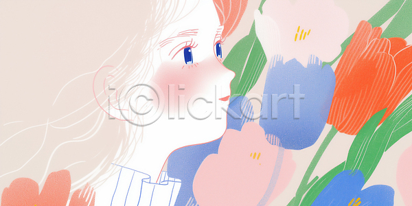 구출 사랑 체험 여자 JPG 일러스트 AI일러스트 AI콘텐츠 감각 감정 국내일러스트 그림 꽃 봄 뷰티풀 순간 스케치 식물 얼굴 응시 자연 정원 컬러 튤립 향기