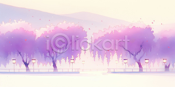 JPG 일러스트 AI일러스트 AI콘텐츠 거리 국내일러스트 꽃 나무 등나무 등나무꽃 벚꽃 보라색 봄 분홍색 뷰티풀 식물 잎 자연 조명 컬러 풍경