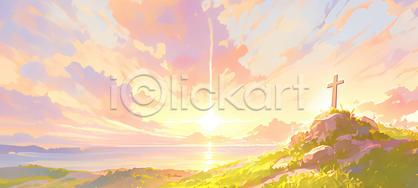 평화 JPG 일러스트 AI일러스트 AI콘텐츠 국내일러스트 기독교 바다 빛 새벽 신성 십자가 아침 언덕 일몰 일출 자연 종교 태양 풍경 하늘 해변