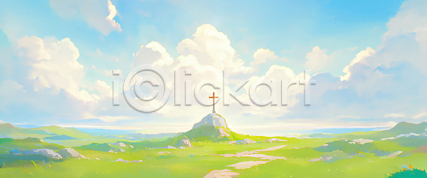 평화 JPG 일러스트 AI일러스트 AI콘텐츠 국내일러스트 기독교 길 마을 바다 십자가 언덕 여름 일몰 자연 종교 초록색 초원 풍경 하늘 햇빛