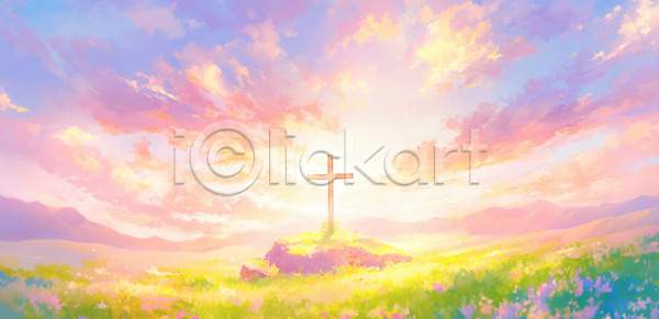 JPG 일러스트 AI일러스트 AI콘텐츠 국내일러스트 그림 기독교 꽃 밝음 십자가 여름 여행 예술 오후 일몰 일출 자연 조화 종교 초원 풍경 하늘 햇빛