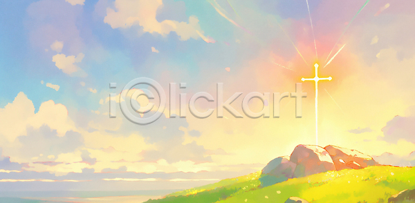 JPG 일러스트 AI일러스트 AI콘텐츠 국내일러스트 기독교 바다 밝음 빛 새벽 십자가 언덕 일몰 일출 자연 저녁 종교 풍경 하늘 햇빛