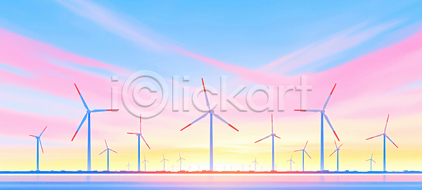 JPG 일러스트 AI일러스트 AI콘텐츠 공간 국내일러스트 그린에너지 기계 땅 바다 바람 발명 발전소 분홍색 에너지 에코 자연 저녁 태양 파란색 평야 풍경 풍력기 하늘 환경