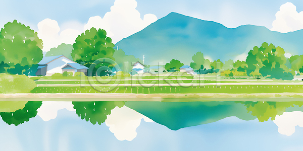 JPG 일러스트 AI일러스트 AI콘텐츠 국내일러스트 나무 논밭 농사 농장 농촌 물 반사 밭 봄풍경 산 시골 여름 자연 주간 지역 평야 풍경 하늘 호수