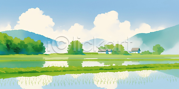 평화 JPG 일러스트 AI일러스트 AI콘텐츠 국내일러스트 논 논밭 농업 농촌 대기 물 봄풍경 산 시골 식물 여름 자연 초원 풍경 풍경화 하늘 하늘색 햇빛