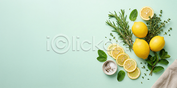 JPG 편집이미지 AI콘텐츠 AI포토 레몬 로즈메리 민트 백리향 소금 슬라이스 식재료 요리 재료 주방 주방용품 편집실사 허브 후추