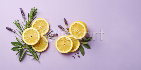 신선 JPG 편집이미지 AI콘텐츠 AI포토 건강 레몬 보라색 비타민 식물 요리 음료 음식 자연 장식 재료 조각 편집실사 허브