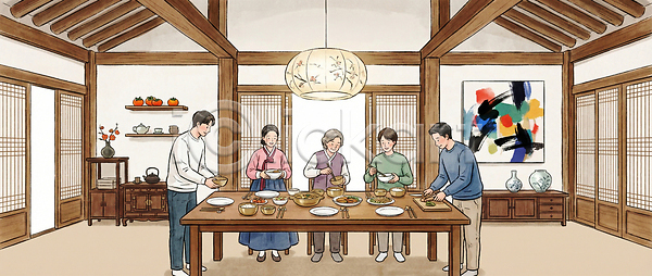 소통 준비 즐거움 여러명 JPG 일러스트 AI일러스트 AI콘텐츠 가족 고객 교류 국내일러스트 그릇 나물 대화 레시피 문화 요리 음식 전통 탁자 한국