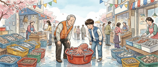 즐거움 체험 여러명 JPG 일러스트 AI일러스트 AI콘텐츠 가족 구경 국내일러스트 대화 동물 문어 바구니 바다 수산시장 시선 시장 아들 아빠 어류 어시장 요리 판매 풍경 해산물