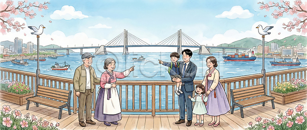 즐거움 함께함 성인 어린이 여러명 JPG 일러스트 AI일러스트 AI콘텐츠 가족 계절 국내일러스트 꽃 나무 백그라운드 수산시장 여행 웃음 이야기 포즈 풍경 해변