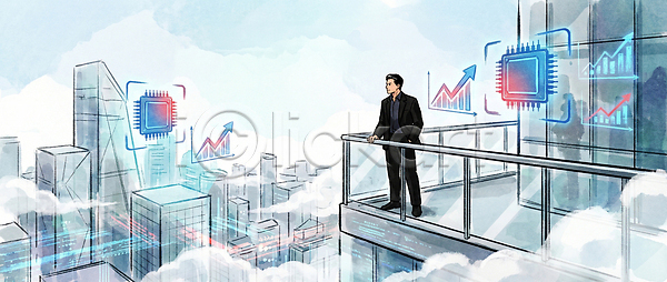 미래 발전 분석 혁명 남자 JPG 일러스트 AI일러스트 AI콘텐츠 IT산업 고층빌딩 국내일러스트 그래프 글로벌 기술 도시 발코니 비즈니스 소프트웨어 시장 연결 자료 정보 컴퓨터 태극기 풍경 한국 회사