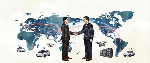 계약 협력 남자 JPG 일러스트 AI일러스트 AI콘텐츠 IT산업 거래 경제 교류 국내일러스트 국제 그림 글로벌 드론 비즈니스 상업 세계지도 악수 연결선 자동차 파트너십 한국 협상