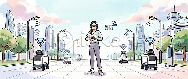 미래 스마트 이동 사람 여자 JPG 일러스트 5G AI일러스트 AI콘텐츠 IT산업 거리 건물 국내일러스트 글로벌 기술 도시 로봇 생활 시스템 신호 자율주행 터미널 통신 한국 환경