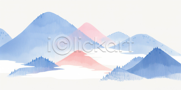 고요 편안함 JPG 일러스트 AI일러스트 AI콘텐츠 국내일러스트 그림 모양 백그라운드 분홍색 산 수평선 오브젝트 자연 지형 파란색 풍경 하늘
