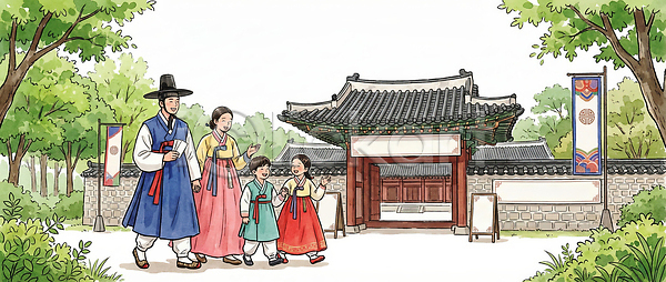 즐거움 여러명 JPG 일러스트 AI일러스트 AI콘텐츠 가족 건물 걷기 관람 국내일러스트 나무 마을 문화 부모 소풍 여행 역사 옷 이벤트 전통 종묘제례악 풍경 한국 한복