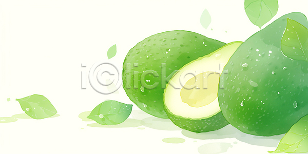 신선 JPG 일러스트 AI일러스트 AI콘텐츠 건강 국내일러스트 백그라운드 비타민 수채화 아보카도 유기농 잎 재료 채소 초록색