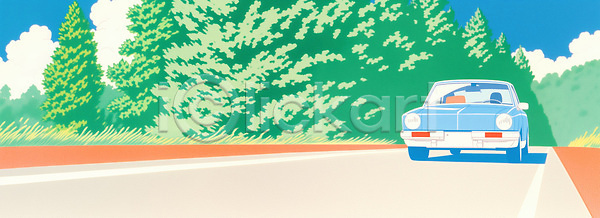 JPG 일러스트 AI일러스트 AI콘텐츠 국내일러스트 나무 도로 드라이브 봄 여행 자동차 자연 초록색 풍경 하늘