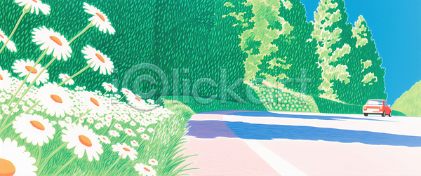 JPG 일러스트 AI일러스트 AI콘텐츠 국내일러스트 꽃 나무 도로 드라이브 봄 식물 자연 차선 초록색 풍경 하늘