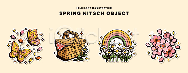 AI파일 일러스트 국내일러스트 꽃 나비 무지개 봄 소풍바구니 식물 오브젝트 키치