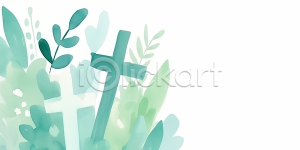 평화 JPG 일러스트 AI일러스트 AI콘텐츠 국내일러스트 그림 기독교 기독교인 백그라운드 수채화 식물 십자가 자연 종교 청록색 카피스페이스