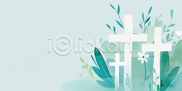 믿음 JPG 일러스트 AI일러스트 AI콘텐츠 국내일러스트 그림 기독교 백그라운드 수채화 식물 십자가 자연 종교 청록색 카피스페이스