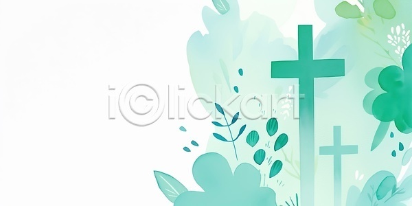 JPG 일러스트 AI일러스트 AI콘텐츠 국내일러스트 기독교 꽃 백그라운드 수채화 식물 십자가 자연 종교 청록색 카피스페이스