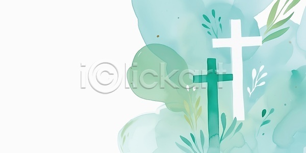 JPG 일러스트 AI일러스트 AI콘텐츠 국내일러스트 그림 기독교 기독교인 단순화된 물감 백그라운드 수채화 십자가 자연 종교 청록색 카피스페이스