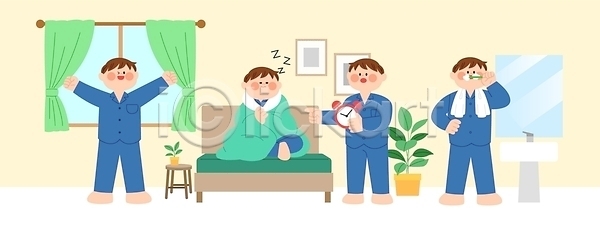 편안함 남자 AI파일 일러스트 국내일러스트 기상 꾸준함 노력 방 소파 시간 식물 아침 양치 일과 일상 작심삼일 잠 주택