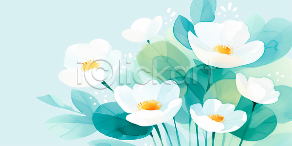 JPG 일러스트 AI일러스트 그림 꽃 백그라운드 수채화 식물 잎 자연 조화 파란색 흰색