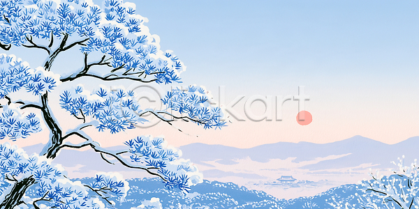 JPG 일러스트 AI일러스트 AI콘텐츠 구름 국내일러스트 나무 마을 산 아침 일출 자연 태양 풍경 하늘