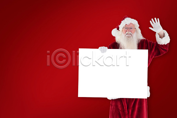 남자 노년 노인남자한명만 한명 JPG 앞모습 포토 해외이미지 들기 빨간색 사각형 산타클로스 상반신 손인사 크리스마스 프레임 해외202004