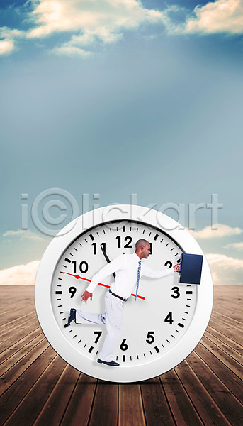 30대 남자 성인 한명 JPG 포토 해외이미지 달리기 디지털 비즈니스 비즈니스맨 서류가방 시간 시계 잡기 카운트다운 컴퓨터그래픽 하늘 해외202004 흰색
