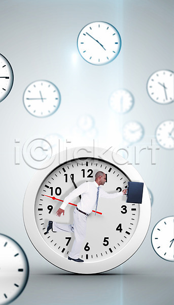 30대 남자 성인 한명 JPG 포토 해외이미지 달리기 디자인 디지털 마감 비즈니스 비즈니스맨 서류가방 시간 시계 잡기 카운트다운 컴퓨터그래픽 해외202004 흰색