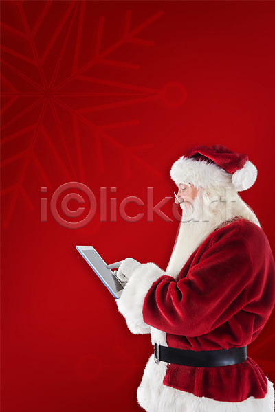 남자 노년 노인남자한명만 한명 JPG 옆모습 포토 해외이미지 빨간색 산타클로스 상반신 크리스마스 태블릿 터치 해외202004