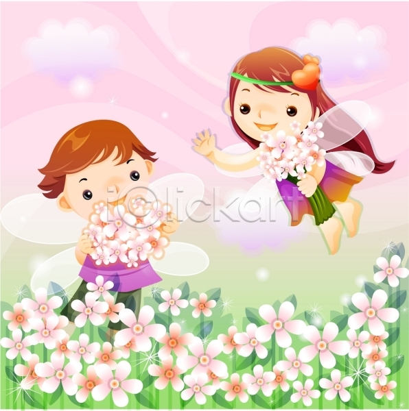 상상 순수 남자 두명 사람 소녀(어린이) 소년 어린이 어린이만 여자 EPS 일러스트 꽃 꽃밭 꿈 야외 요정 정원 커플 판타지 하늘