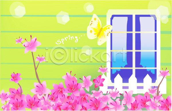 사람없음 EPS 일러스트 계절 꽃 나비 백그라운드 봄 봄꽃 식물 야외 자연 주간 진달래 창문 철쭉