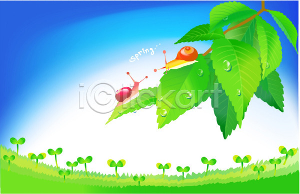 사람없음 EPS 일러스트 계절 나뭇잎 달팽이(동물) 백그라운드 봄 사계절 새싹 식물 야외 연체동물 이슬 자연 주간 초원(자연)